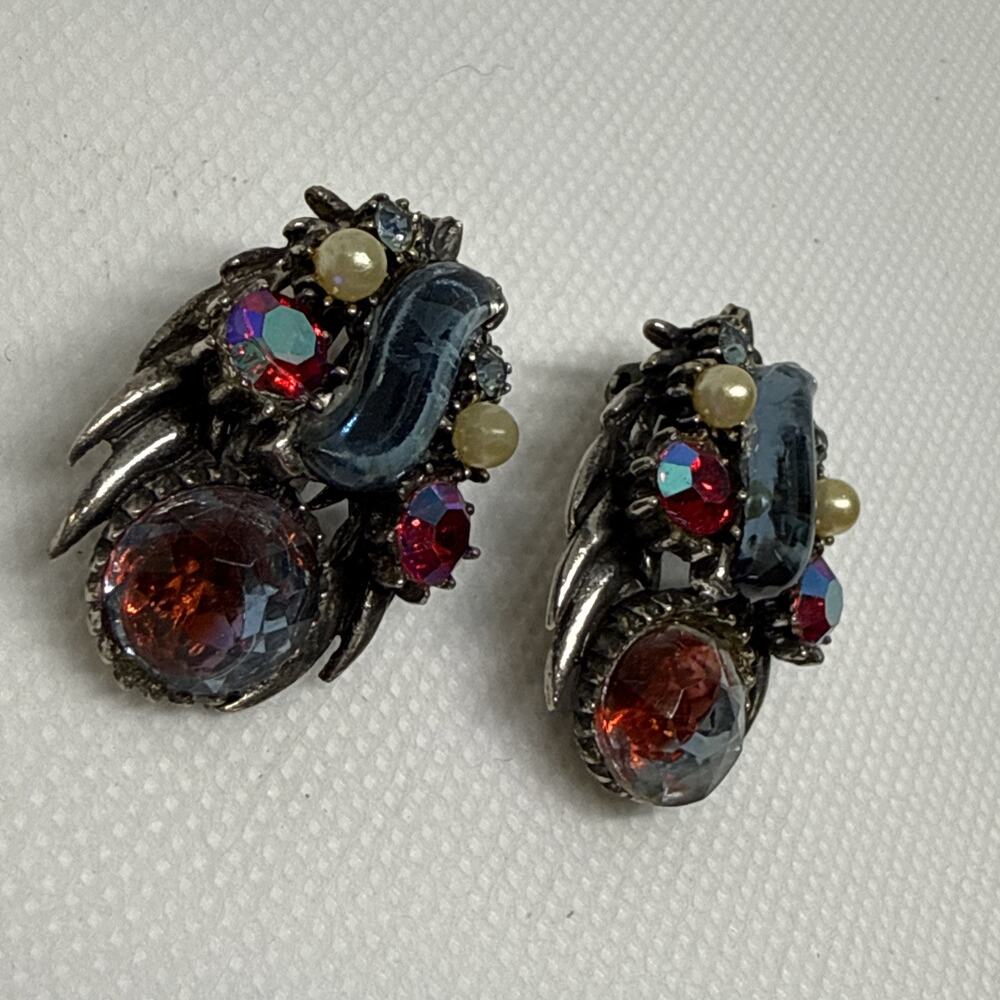 Vintage Florenza wavy blue glass Red Aurora Borealis rhinestone clip-on earrings